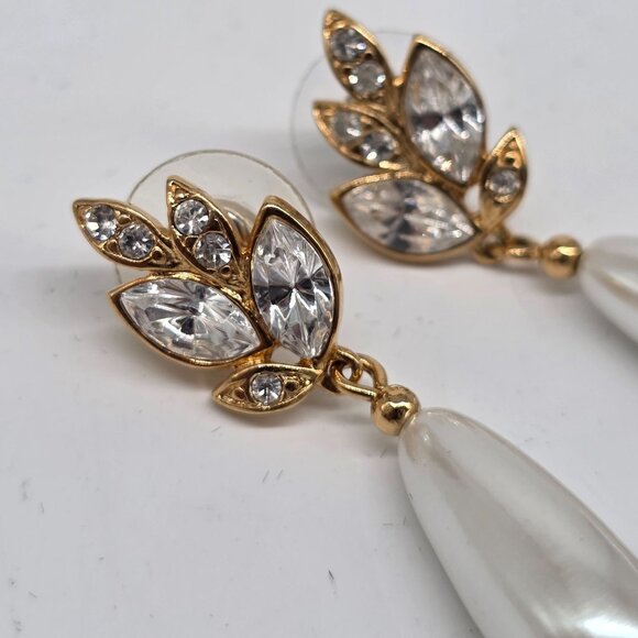 Gold Leaf & Faux Teardrop Pearl Drop Earrings Crystal Rhinestone 1.75" - Picture 3 of 4